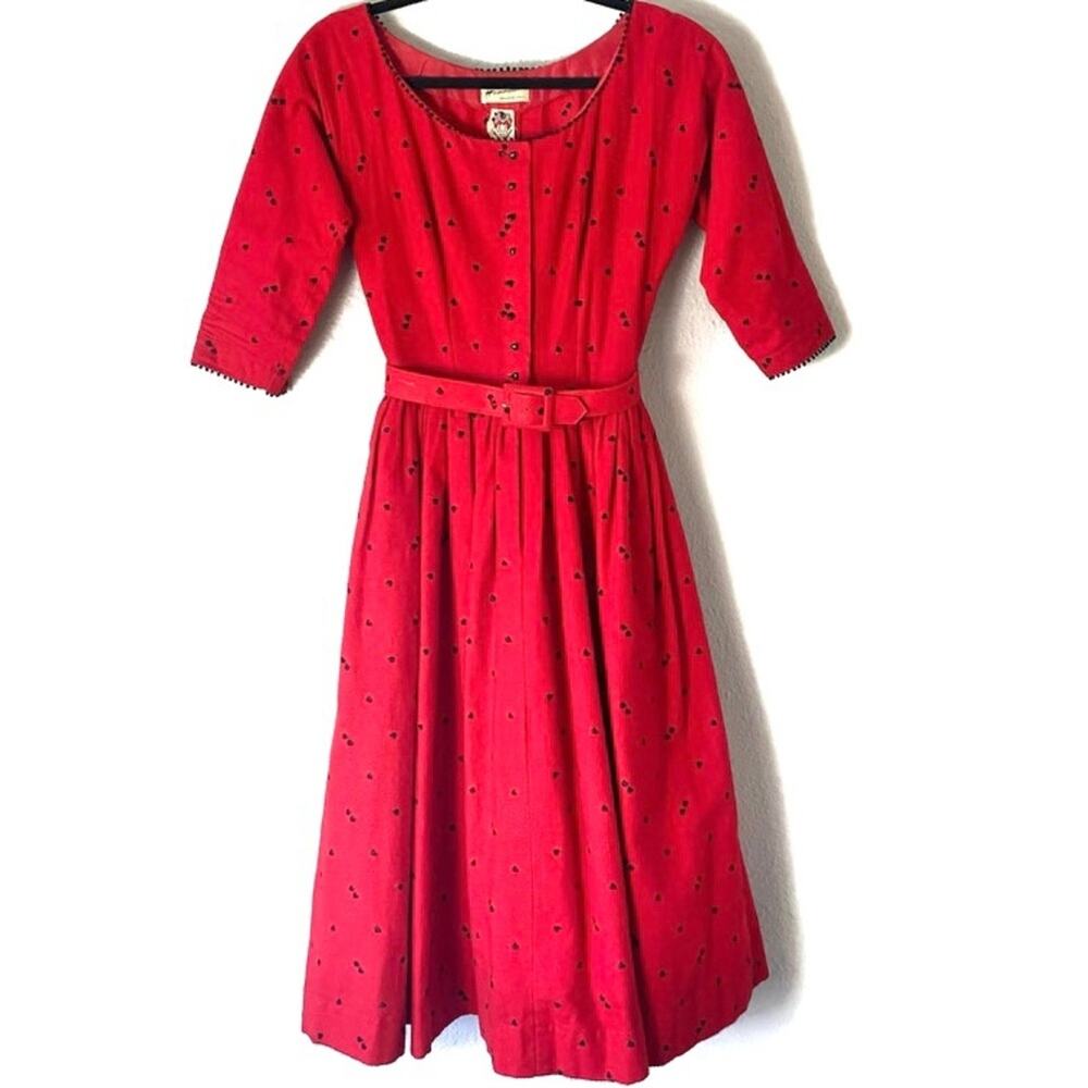 Vintage 1950s Lanz Heart Print Fit & Flare Circle Skirt Dress Size Small - Picture 3 of 9